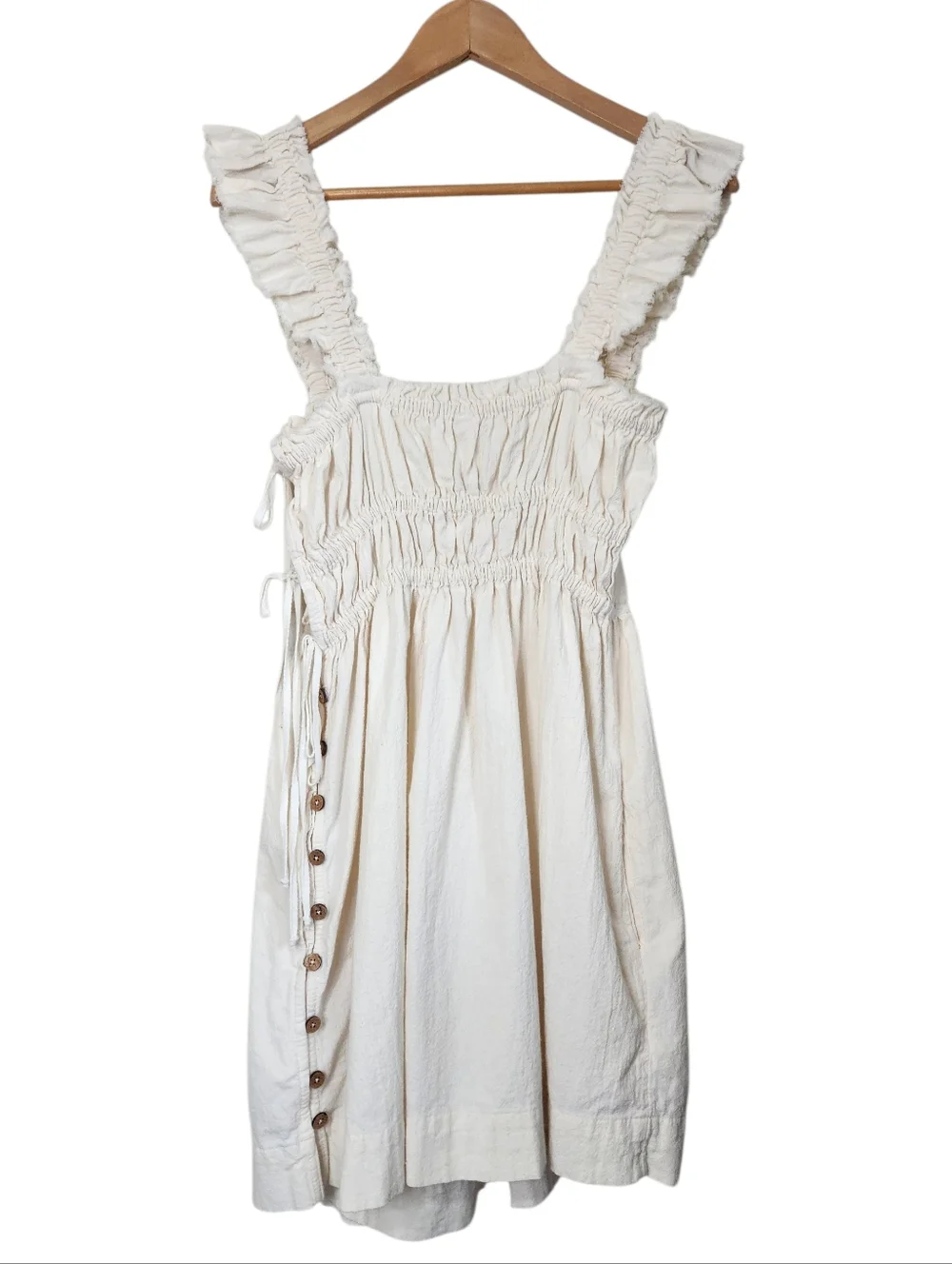 Free People Claudette Mini Dress Womens Small Ivory Pockets Casual Ruched Boho - Picture 2 of 13